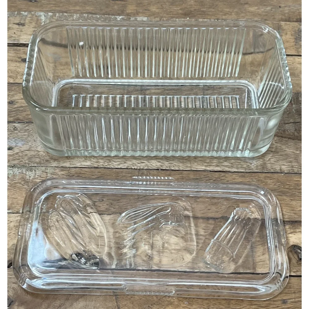 1940s Federal Glass Clear Ribbed Vegetable Harvest Refrigerator Dish